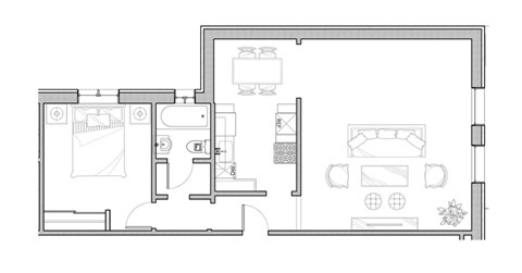 Floor plan for 1 bed, 1 bath, 750 sqft